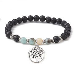 Flower Amazonite Круглый эластичный браслет из натурального лавового камня и натурального цветка амазонита, драгоценного камня и бисера, с подвесками из сплава «Древо жизни», внутренний диаметр: 2-1/2 дюйм (6.5 см), бусина : 6.5~7x6.5~7 mm