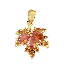 Настоящее золото 18K Латунные микро проложить кубического циркония подвески, без кадмия и без свинца, кленового листа, реальный 18 k позолоченный, 18x15x3 мм, отверстие : 2.5 мм