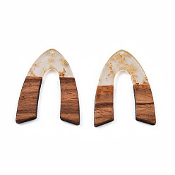 Gold Transparent Resin & Walnut Wood Pendants, with Foil, V Shape Charm, Gold, 38x29x3mm, Hole: 2mm