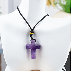 Аметист Подвеска в виде креста из натурального аметиста на черном хлопковом шнурке., 25.20 дюйм (64 см)