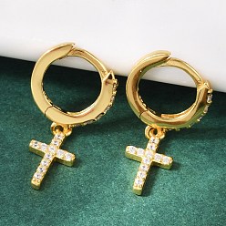Cross 925 Серьги-кольца из стерлингового серебра с микропаве из прозрачных кубических цирконий для женщин, золотые, крестик, 19x5.5 мм