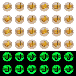 Letter J 50G Luminous Transparent Acrylic Beads, Flat Round with Letter, Glow in the Dark, Golden Metal Enlaced, Letter J, 7x4mm, Hole: 1.8mm, about 370pcs/50g