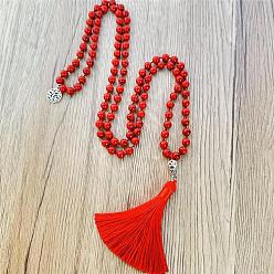 Синтетическая Бирюза Ожерелья-обертки из синтетических окрашенных бирюзовых бусин «мала» с длинной кисточкой и металлическим деревом жизни, для йоги-медитации, платина, красные, 40.16 дюйм (102 см)