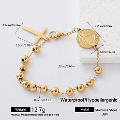 Oro 304 Pulseras de eslabones con medalla de San Benito de acero inoxidable para mujer, dorado, 8.66 pulgada (22 cm)