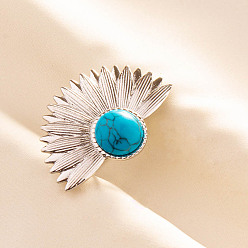 Синтетическая Бирюза Регулируемые 304 манжеты из нержавеющей стали с открытыми кольцами для женщин, цветок, с синтетическими бирюзовый, цвет нержавеющей стали, 26 мм, внутренний диаметр: 17 мм