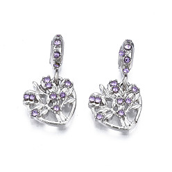 Tanzanite Rack Plating Alloy European Dangle Charms, with Rhinestone, Large Hole Beads, Cadmium Free & Lead Free, Platinum, Heart with Tree of Life, Tanzanite, 23.5mm, Hole: 4.5mm, Heart: 14x13.5x3mm