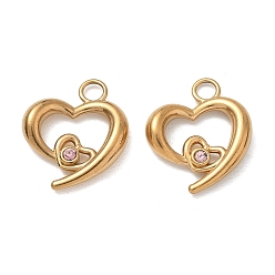 Light Rose 304 Stainless Steel Rhinestone Pendants, Heart Charms, Golden, Light Rose, 19x16x4mm, Hole: 3mm