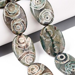 4-Глаза Нити бусин дзи агат в тибетском стиле, природных бисера агат, окрашенная и подогревом, Плоско-овальные, темно-зеленый, 4 -eye, 29~31.5x19.5~22.5x5~7.5 мм, отверстие : 1.6~2.5 мм, около 10 шт / нитка, 11.81~12.20 дюйм (30~31 см)