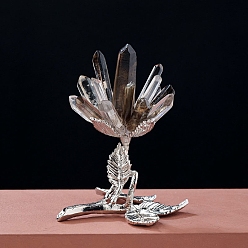 Дымчатый Кварц Украшения для витрин из необработанного натурального дымчатого кварца, Цветочные статуи на металлической основе платинового тона для украшения домашнего офиса, 90~100x70~80 мм