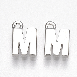 Letter M Brass Charms, Letter, Nickel Free, Real Platinum Plated, Letter.M, 8.5x5.5x1.5mm, Hole: 0.8mm