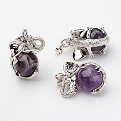 Amethyst Natural Amethyst Pendants, Elephant, with Brass Findings, Platinum, Lead Free & Nickel Free, 31x20x26mm, Hole: 4x6mm