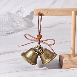 Звезда Железный колокольчик и подвесные украшения из сплава в тибетском стиле, подвесные украшения из деревянных бусин и шнура из искусственной замши, звезда, 107x97x38 мм