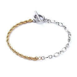 Golden & Stainless Steel Color 304 Stainless Steel Chain Bracelets, with Rope Chains, Figaro Chains and Toggle Clasps, Golden & Stainless Steel Color, 7-1/4 inch(18.4cm)