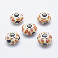 Dunkelorange Handgemachte  europäischen Fimo-Perlen, mit versilberten Messingkernen, Großloch perlen, Rondell, dunkelorange, 13~16x8~11 mm, Bohrung: 4.5~5 mm