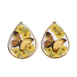 Светло-хаки Подвески из прозрачной эпоксидной смолы, Подвеска в форме капли с засушенным цветком и бабочкой., с золотой фольгой и латунью, светлый хаки, 35x25.5x3~4 мм, отверстие : 1~1.2 мм