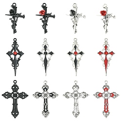 Mixed Color 48Pcs 12 Styles Tibetan Style Alloy Pendants, Cross, Mixed Color, 38~57x21.5~38x3~5.5mm, Hole: 1.8~2.3mm, 4pcs/style