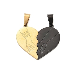 Золотой 304 стали сплит подвески из нержавеющей, сердечко пара талисман с рукой, золотой и черный, 24x28x2 мм, отверстие : 6.5x3 мм