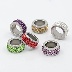 (52) Непрозрачная лаванда 304 бусы столбцов из нержавеющей стали, с полимерной глиной горный хрусталь, нержавеющая сталь металл цвет, разноцветные, 13x6 мм, отверстие : 8 мм