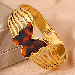 Бабочка Браслеты с леопардовым принтом 304 браслеты из нержавеющей стали и акрила с шарнирным креплением для женщин, золотые, бабочка, внутренний диаметр: 2.36 дюйм (6 см)