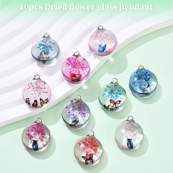 (52) Непрозрачная лаванда 10 шт. Прозрачные стеклянные подвески, сушеные цветы и бабочки внутри, а также железная фурнитура, круглые, разноцветные, 24x19.5x10 мм, отверстие : 2 мм