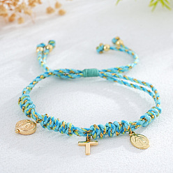 Голубой Латунь шарм браслеты, Браслеты из плетеного хлопкового шнура для женщин, овальный с изображением католической Богоматери и косы и плоский круглый, голубой, 11.02 дюйм (28 см)