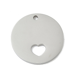 Нержавеющая Сталь Цвет 304 подвески из нержавеющей стали, плоский круглый с подвеской в виде сердца, анти-тускнение, лазерная резка, цвет нержавеющей стали, 20x1.5 мм, отверстие : 1.6 мм