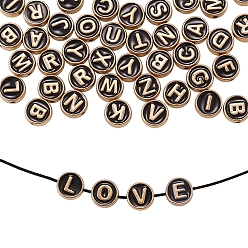 Черный Бисера эмали сплава, плоский раунд со случайными буквами, золотой свет, чёрные, 8x3.5 мм, отверстие : 1.4 мм, 50 шт / коробка