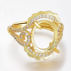 Golden Adjustable Brass Micro Pave Clear Cubic Zirconia Finger Ring Components, 4 Claw Prong Ring Settings, Long-Lasting Plated, Flower, Golden, US Size 5 1/2, Inner Diameter: 16.1mm, Tray: 12x10mm