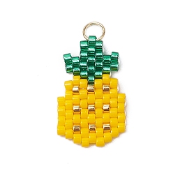 Ананас Стеклянные подвески из бисера, фруктовое очарование, с 304 кольцами из нержавеющей стали, ананас, 19x12x1.5 мм, отверстие : 3 мм