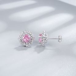 Бледно-Розовый Цветок 925 серьги-гвоздики из стерлингового серебра с паве из кубического циркония, платина, родий, розовый жемчуг, 10 мм