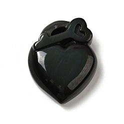 Obsidian Natural Rainbow Obsidian Pendants, Heart with Key, 39x32.5x12.5mm, Hole: 1.5mm