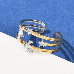 Звезда 304 двухцветные манжетные кольца из нержавеющей стали, ионное покрытие (ip), золотые и нержавеющая сталь цвет, звезда и луна, 10 мм, внутренний диаметр: регулируемый