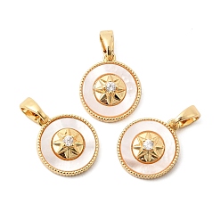 Настоящее золото 18K Подвески из натуральной ракушки и прозрачного кубического циркония, Плоский круглый латунный профиль с узором в виде звезд., реальный 18 k позолоченный, 14x12.5x5 мм, отверстие : 5x3.5 мм