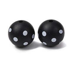 Polka Dot Экологически чистые силиконовые бусины пищевого качества с печатью, круглые, фокусные бусы, чёрные, узор в горошек, 15 мм, отверстие : 2 мм
