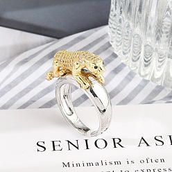 Платиновый & Золотой Кольца-манжеты из латуни с микропаве из прозрачного кубического циркония для женщин и мужчин, без кадмия и без свинца, леопард, платиной и золотом, 30.5x8.5 мм, регулируемый