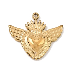Chapado en Oro Real 18K 304 colgantes de acero inoxidable, Sagrado corazón con dijes de alas, revestimiento de iones (ip), real 18 k chapado en oro, 16.5x18x3 mm, agujero: 1.2 mm