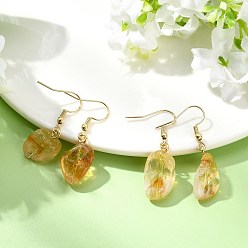 Chapado en Oro Real 18K 304 pendientes colgantes de acero inoxidable, pepitas, con colgantes de citrino natural, real 18 k chapado en oro, 34~40x11~13 mm