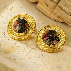 Агат + Хрусталь 304 серьги-гвоздики из нержавеющей стали с натуральным агатом, реальный 18 k позолоченный, плоско-круглые, 30.5 мм