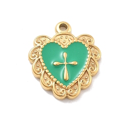Средний Морско-зеленый 304 нержавеющей стальной эмали подвески, сердце с крестиком, ионное покрытие (ip), реальный 14 k позолоченный, средний морской зеленый, 15.5x13x2 мм, отверстие : 1.4 мм