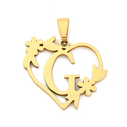 Letter G Ионное покрытие (ip) 201 подвески из нержавеющей стали, сердце с подвесками в виде букв, золотые, Буква G, 23x25x1.5 мм, отверстие : 7.5x3.5 мм