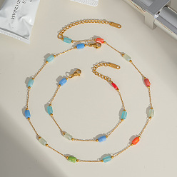 Разноцветный Наборы браслетов и ожерелий из прямоугольной цепочки из нержавеющей стали и стекла для женщин, красочный