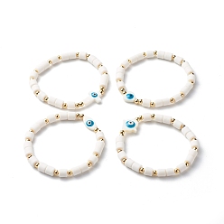 White Handmade Polymer Clay Beads Stretch Bracelets, with Brass Spacer Beads and Shell Beads, Mixed Shape with Evil Eye, White, Inner Diameter: 2-1/8 inch(5.4cm)