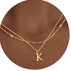 Letter K Сплав начальный кулон двухслойные ожерелья для женщин мужчин, золотые, Письмо K, 17.72 дюйм (45 см)