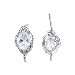 Platinum Brass Stud Earring Findings, with Clear Cubic Zirconia & Vertical Loops, Cadmium Free & Nickel Free & Lead Free, Twist Oval, Platinum, 17x8.5mm, Hole: 1.8mm, Pin: 0.7mm