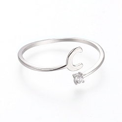 Letter C Кольца-манжеты из стерлингового серебра с родиевым покрытием, устойчивые к потускнению, открытые кольца, с кубического циркония, платина, прозрачные, letter.c, буква c: около 925 мм, Размер 5.4x4x0.8, 7 мм
