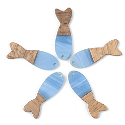 Васильковый Подвески из непрозрачной смолы и ореха, рыба, васильковый, 37.5x12x3 мм, отверстие : 2 мм