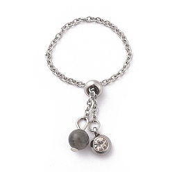 Labradorit Einstellbare Fingerringe aus 304 Edelstahl, Schieberegler Ringe, mit natürlichen Labradorit Perlen und Strass, Edelstahl Farbe, 96 mm