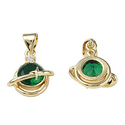 Green Brass Micro Pave Cubic Zirconia Pendants, with Brass Snap on Bails, Nickel Free, Real 18K Gold Plated, Flat Round with Star, Green, 15x12.5x6mm, Hole: 3x4mm