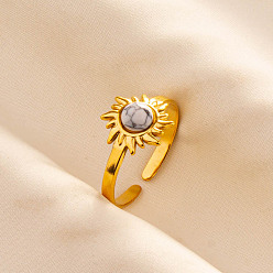 Говлит Регулируемые 304 манжеты из нержавеющей стали с открытыми кольцами для женщин, солнце, с естественным Howlite, золотые, 11 мм, внутренний диаметр: 17 мм