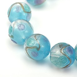 Небесно-голубой Круглой формы ручной работы Золотые пески ухабистой Lampwork бисер, голубой, 12 мм, отверстие : 2 мм